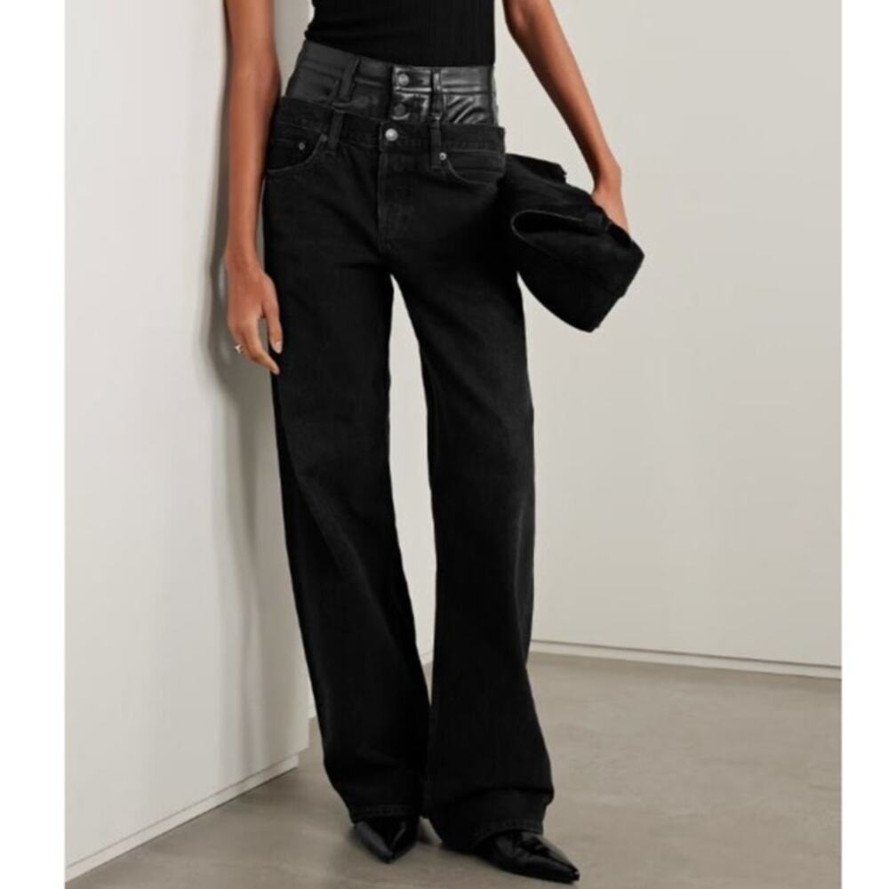 NWT! AGOLDE Elson recycled leather-blend trimmed wide-leg jeans 26